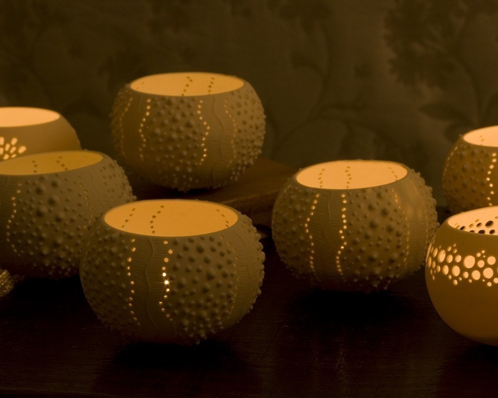 Porcelain Tea light Delight. Candle Holder N.2. Ceramic urchin. Designed and crafted by Wapa Studio.