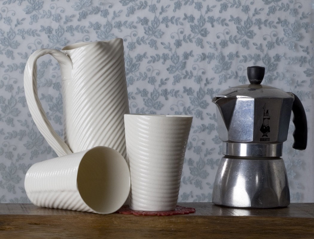 Hand built porcelain cup. white ceramic tumbler. I Walk The Line Porcelain cups Collection. Design by Wapa Studio.