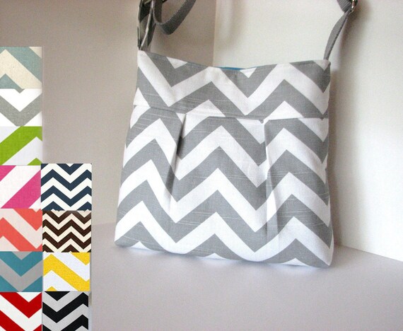 the Pleated bag Small . Chevron . Design Your Own. or Gray and White . crossbody . purse . small tote . adjustable strap .