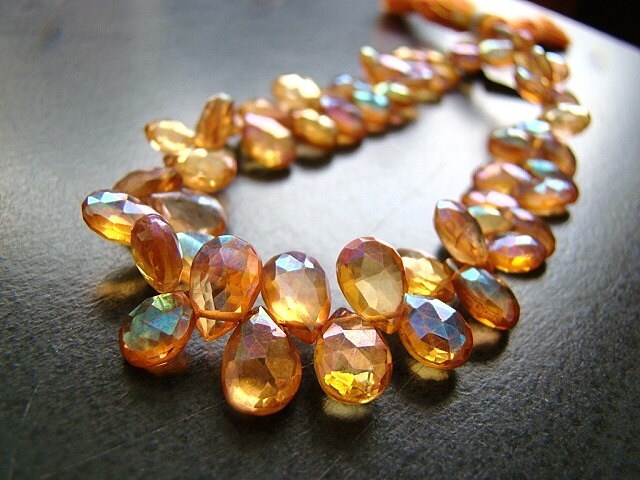 New--1/2 Strand---Mystic Mandrin Orange Quartz Faceted Pear Briolettes--Very Beautiful Stone