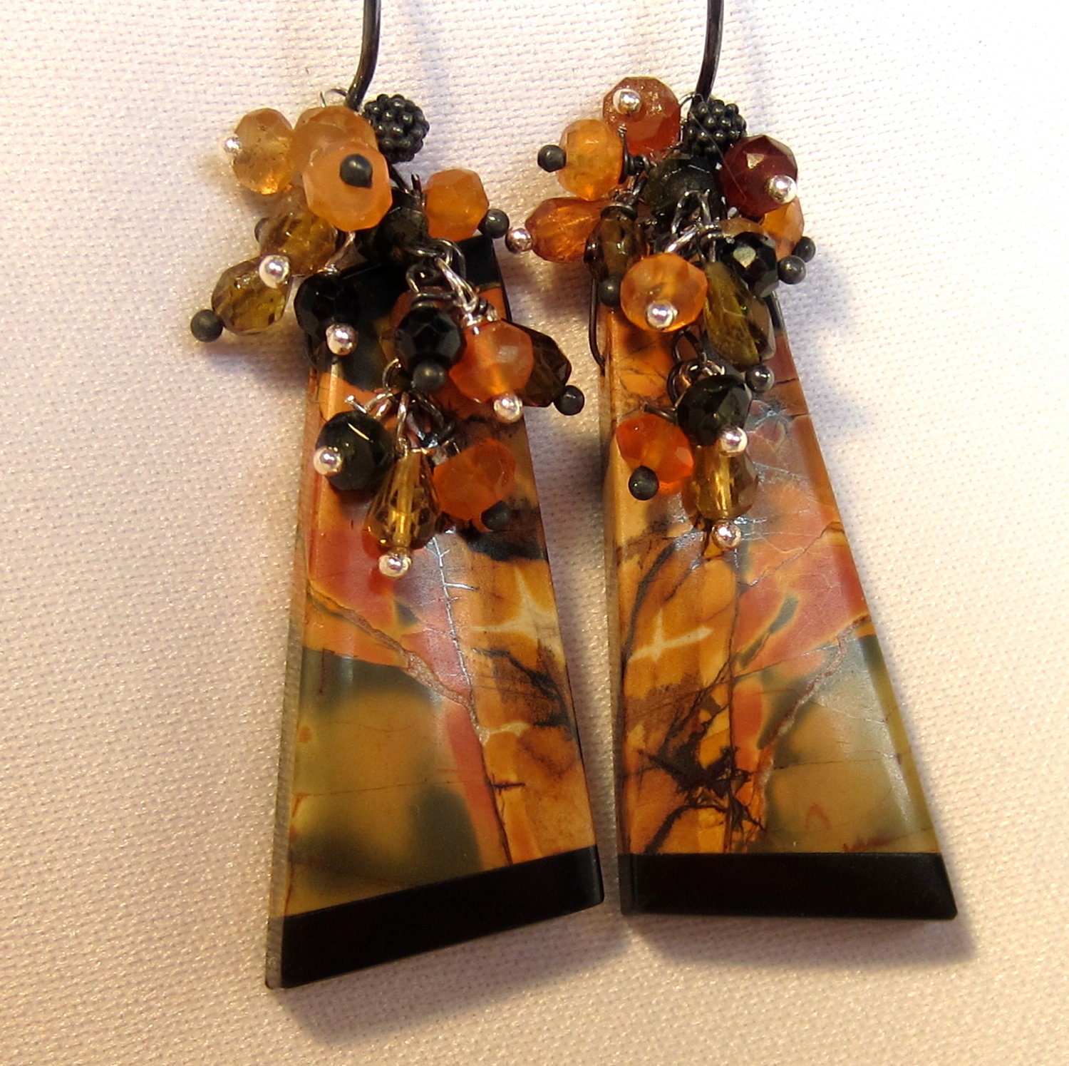 Multicolored Picasso Jasper and Obsidian Intarsia Earrings