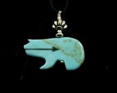 Turquoise Heartline Totem Bear Fetish Pendant on leather cord