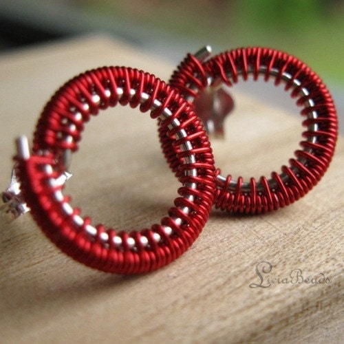 Red Circles - wirewrapped sterling silver circle earrings