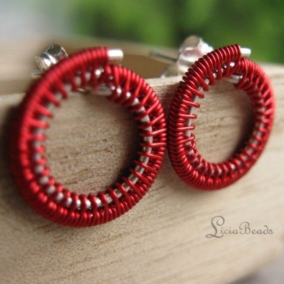 Red Circles - wirewrapped sterling silver circle earrings