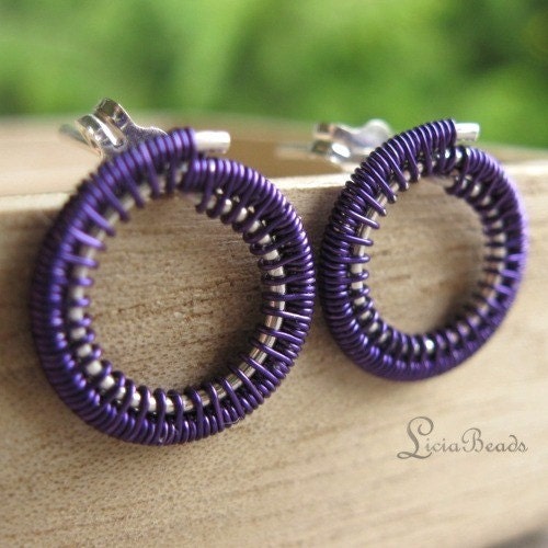 Purple Circles (small) - wirewrapped sterling silver circle earrings