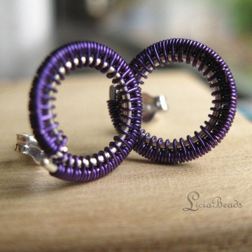 Purple Circles (small) - wirewrapped sterling silver circle earrings