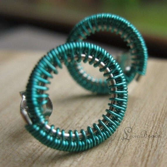 Seafoam Circles (small) - wirewrapped sterling silver circle earrings