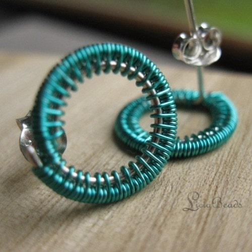 Seafoam Circles (small) - wirewrapped sterling silver circle earrings