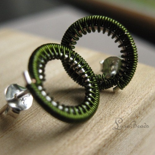 Forest Green Circles - wirewrapped sterling silver circle earrings