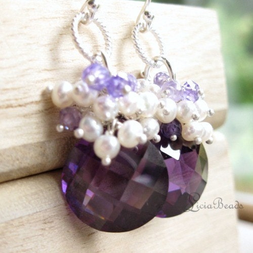 Luxury - Freshwater pearl, Purple Zircon, Cubic Zirconia and sterling sliver necklace and earring set
