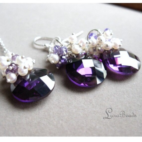 Luxury - Freshwater pearl, Purple Zircon, Cubic Zirconia and sterling sliver necklace and earring set