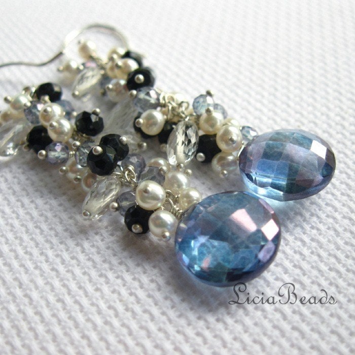 Gemstone dangle earrings with cluster of freshwater pearls, black spinel and blue quartz