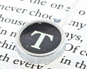 Sterling Silver Vintage Typewriter Key Pendant and Necklace - Initial T in Black