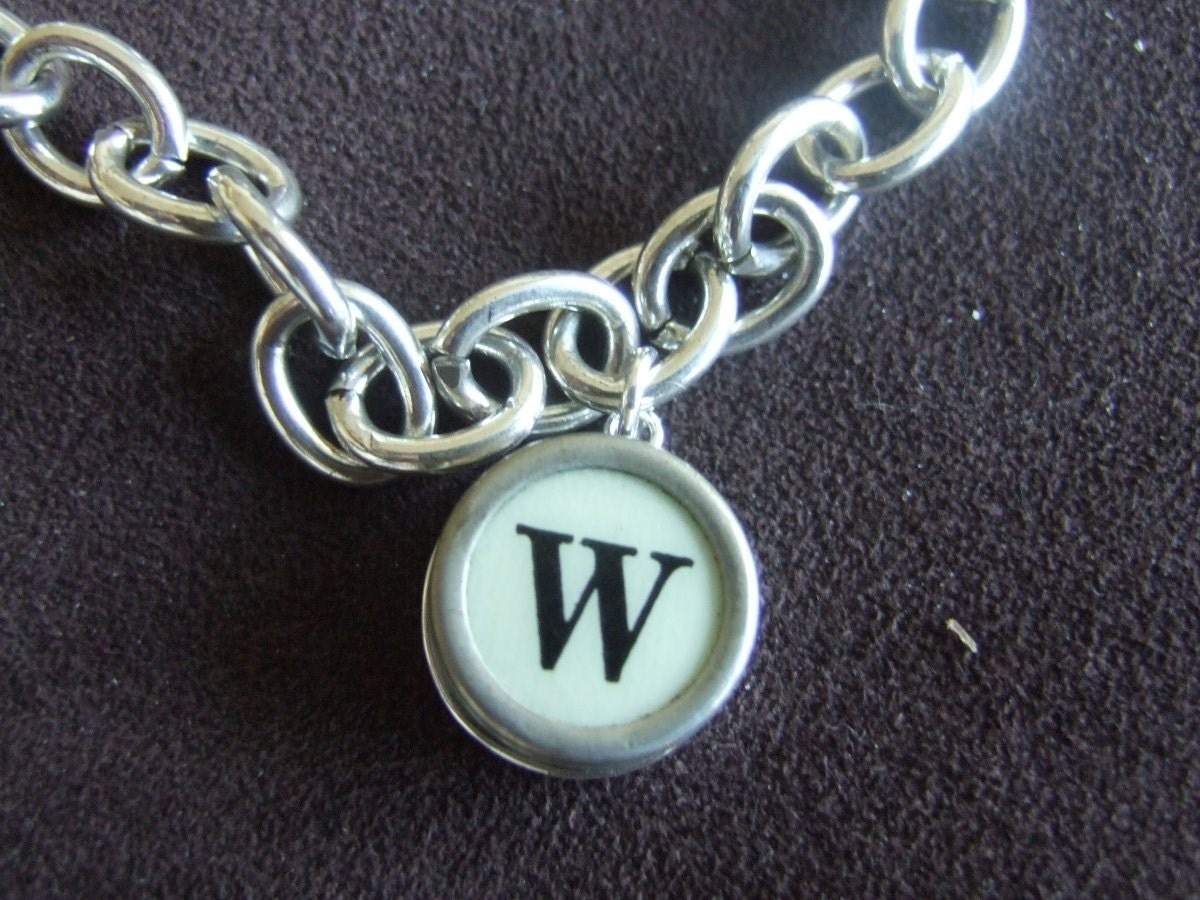 Initial Letter W Vintage Typewriter Charm Bracelet - Black or White Keys - Jewelry Box 