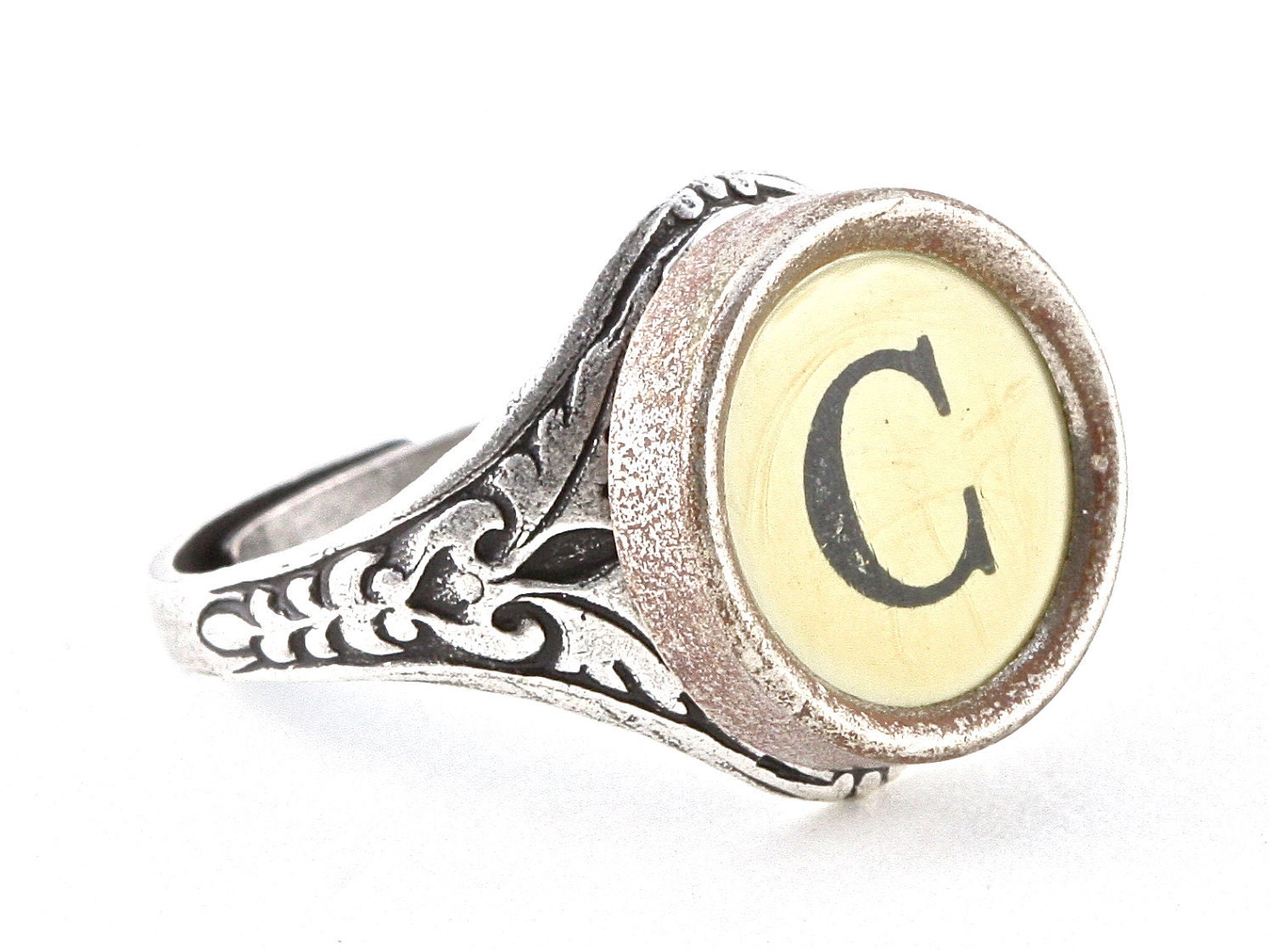 Initial Letter C Antique Typewriter Oak Leaf Ring - Black or White Keys - Fully Adjustable - Jewelry Box