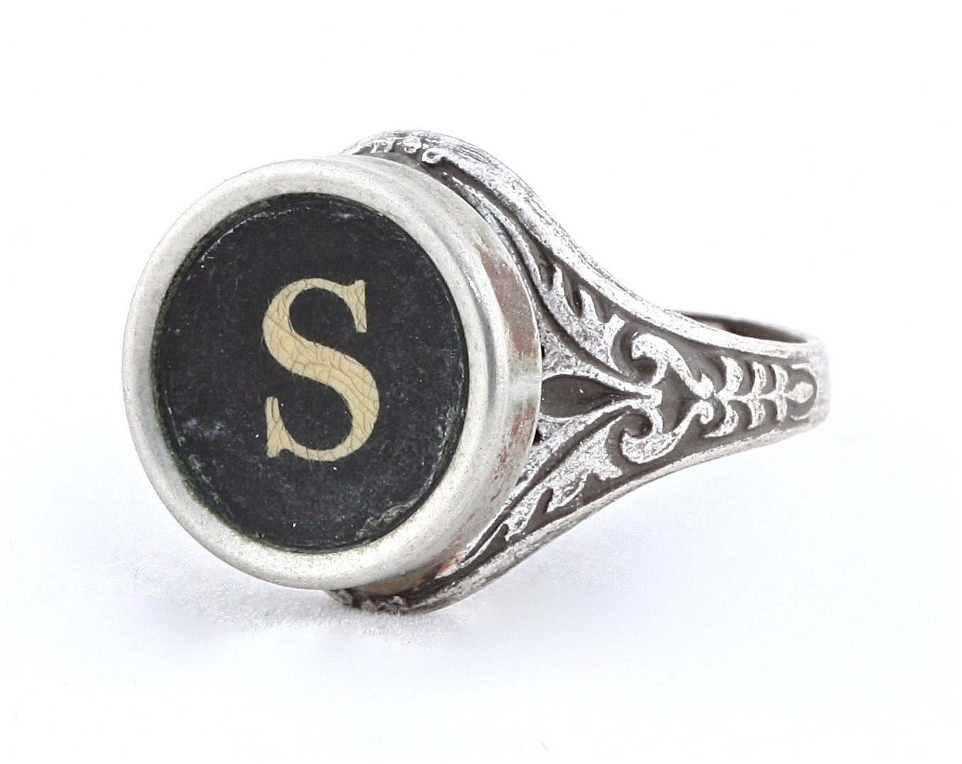 Ghostly and Aged Typewriter Oak Leaf Ring with S Initial