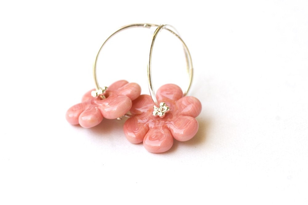 Flower Disc Lampwork Glass Bead Earrings Sterling Silver Salmon Pink made to order