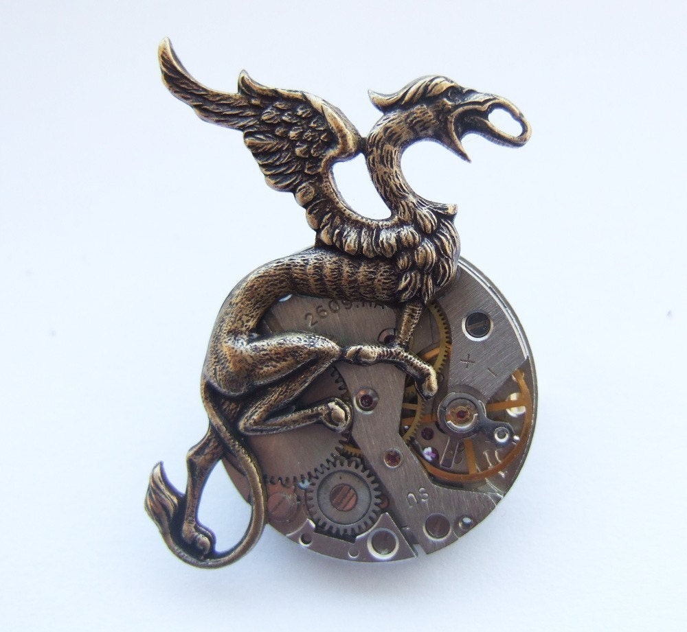 Steampunk griffin brooch