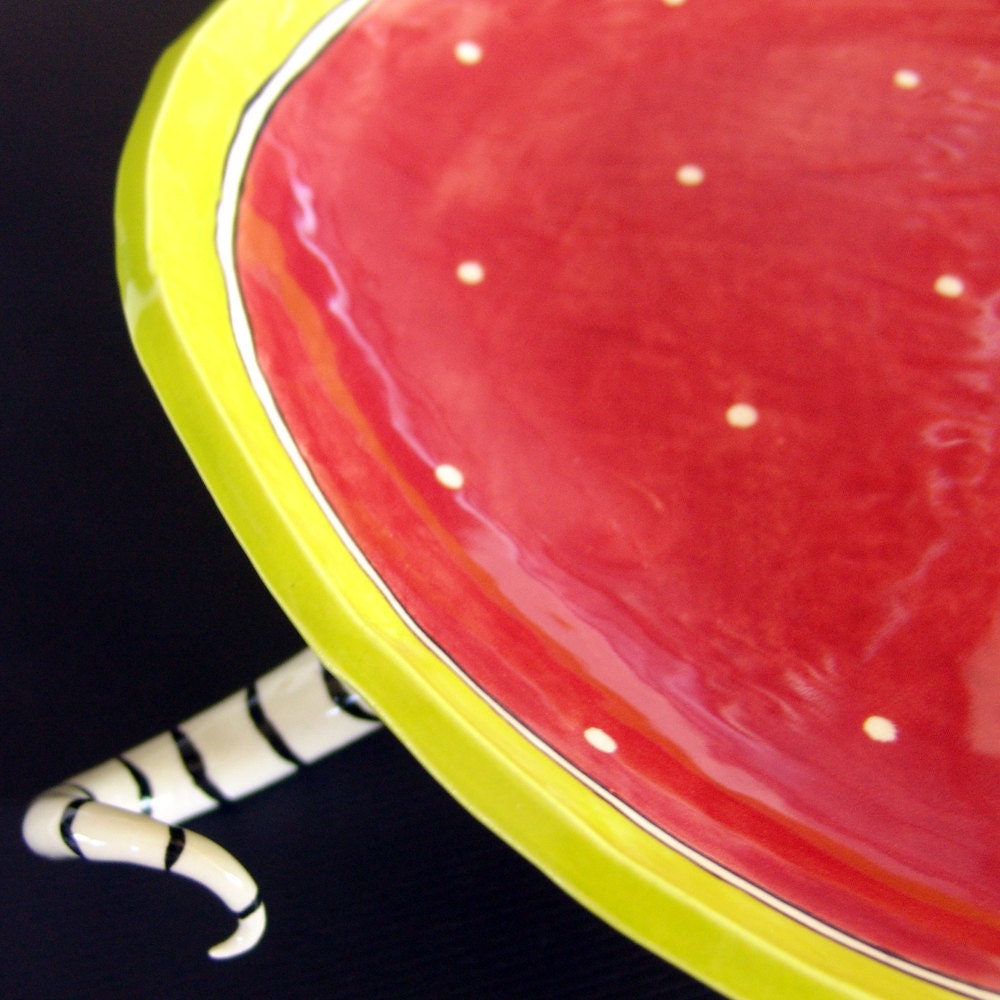 Ceramic Pasta Bowl :) huge colorful dish with black & white striped legs