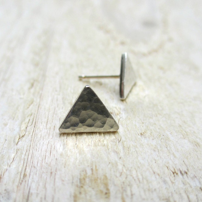 Triangle Stud Earrings - Fine Silver, Sterling Silver, Modern, Posts, Geometry, Textured, Hammered, Sterling Silver - BeadinByTheSea