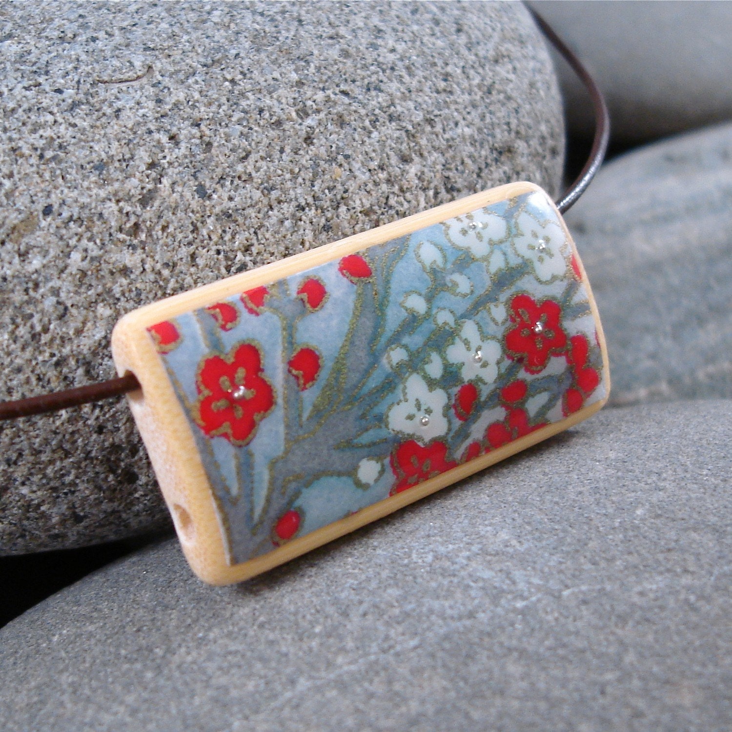 Cherry Blossom Branch - A Bamboo Tile Necklace on a leather cord
