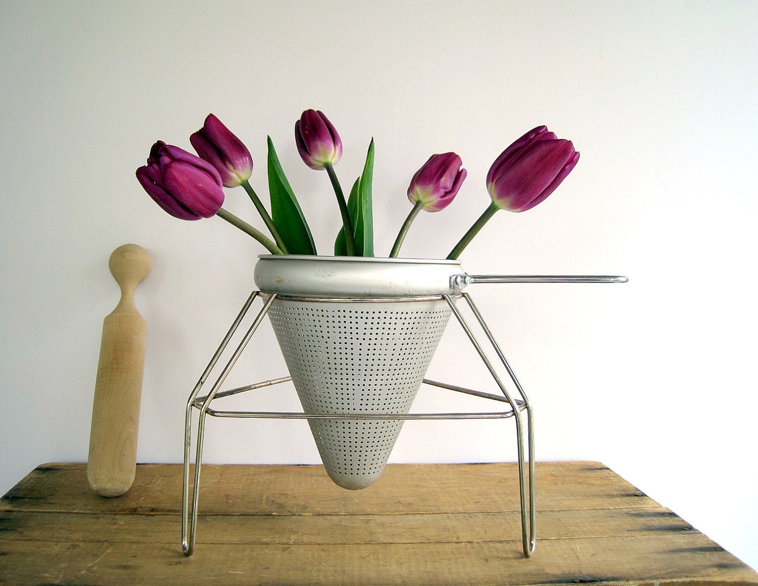 Vintage Farmhouse Metal Colander, Stand with Wooden Pestle
