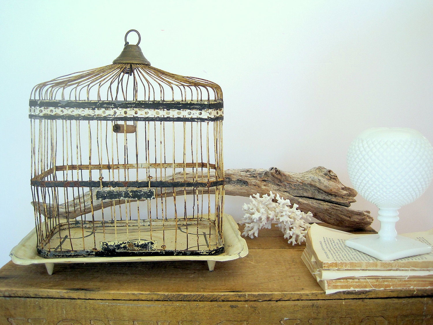 Antique Birdcage Shabby Cream White Patina /Cottage Decor