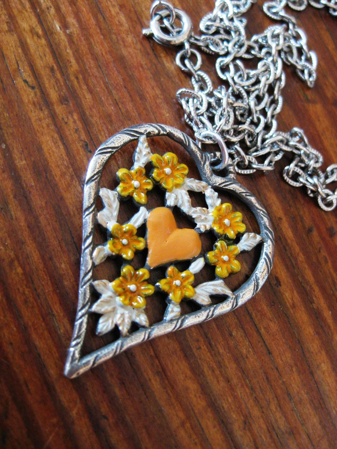 Vintage Painted Silver Metal Heart Necklace