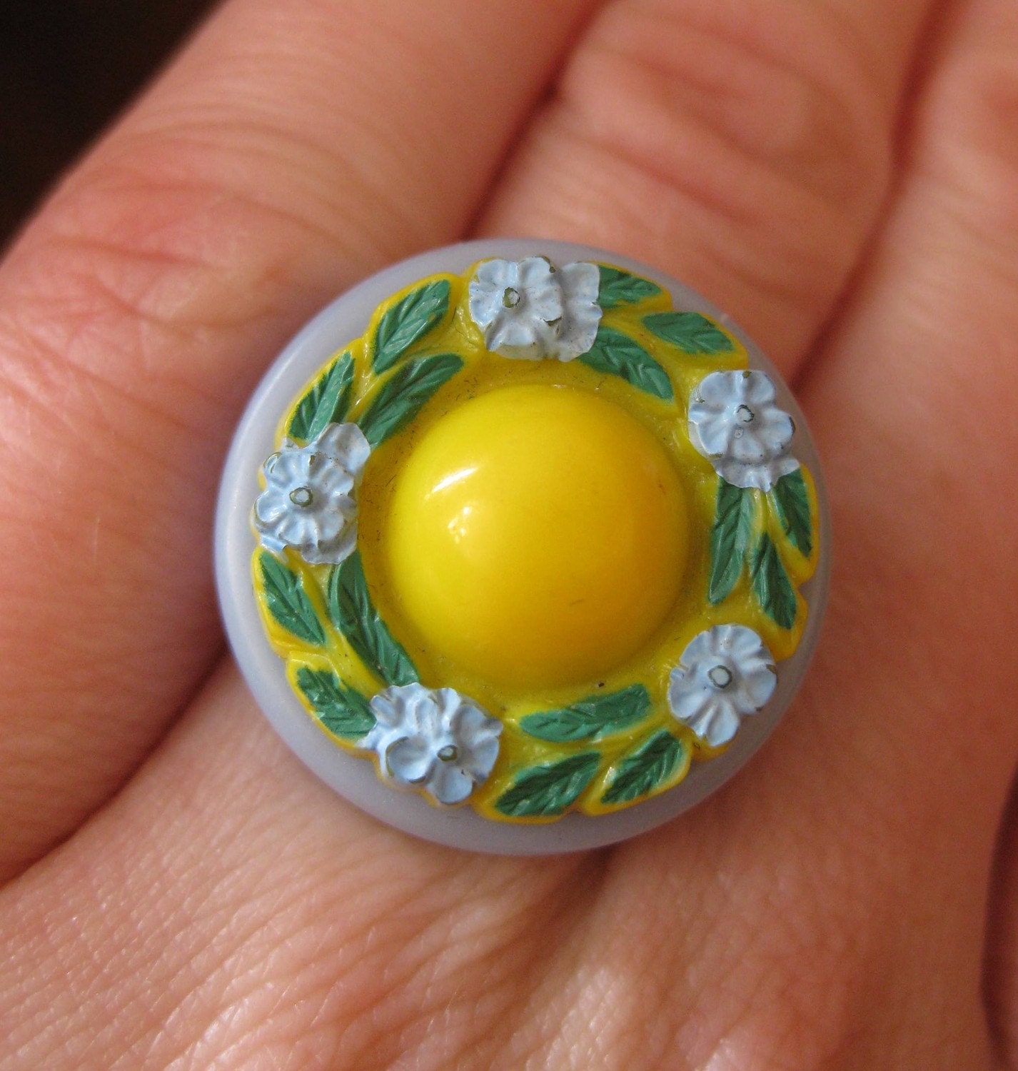 Vintage Button "Forget Me Not" Yellow and Blue Floral Ring