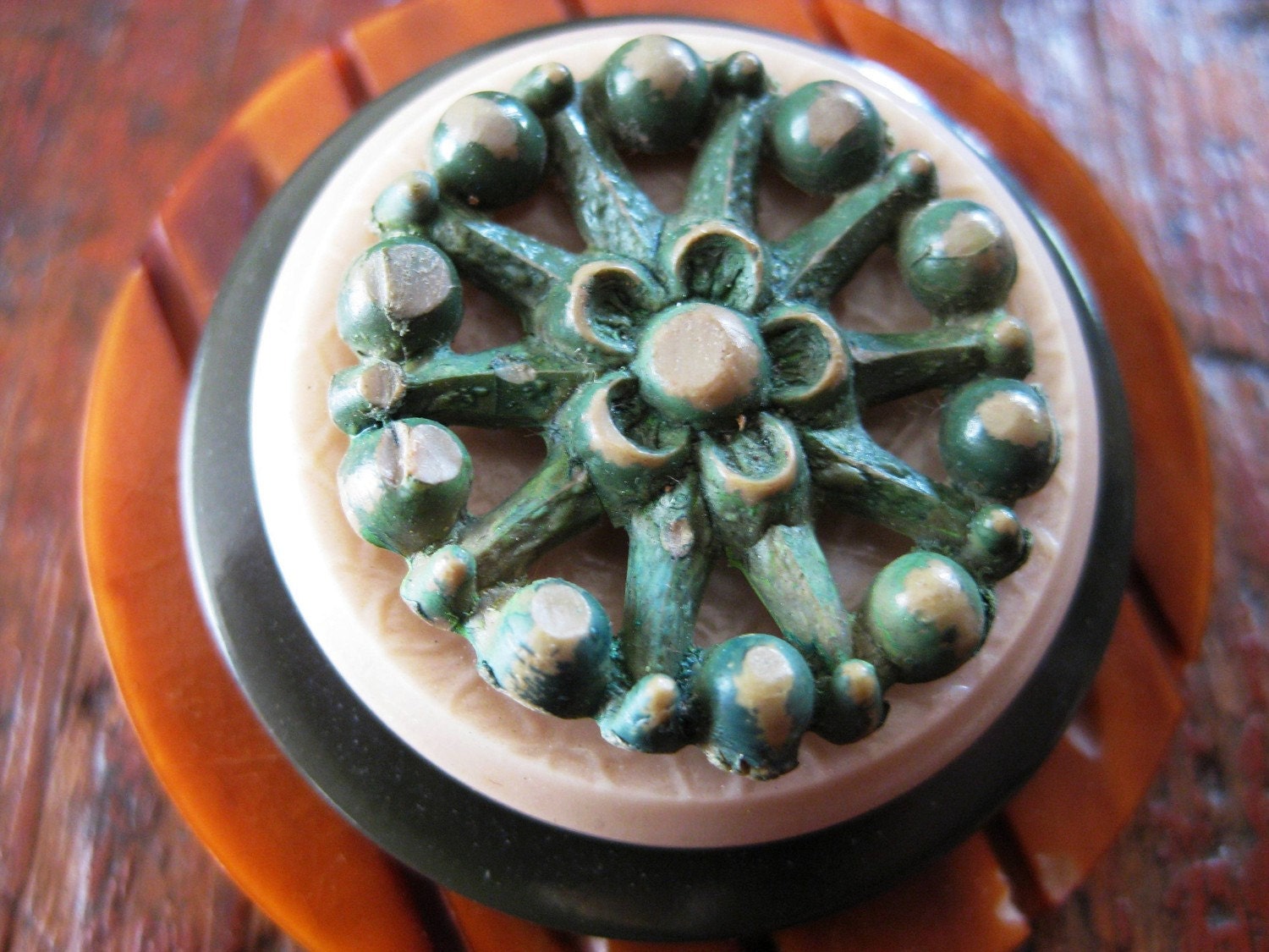 Vintage Button "Woodland Bloom" Brooch in Caramel, Cream and Sage Green