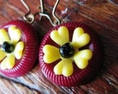 Vintage Button "Sunshine Blooms" Dangle Earrings in Wine, Yellow and Black