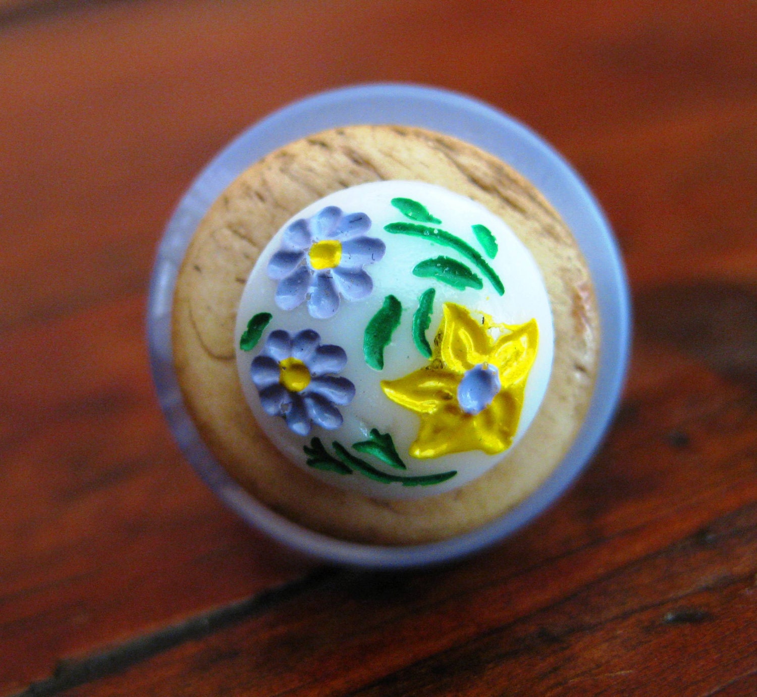 Vintage "Woodland Spring" Button Ring in Light Blue and Yellow