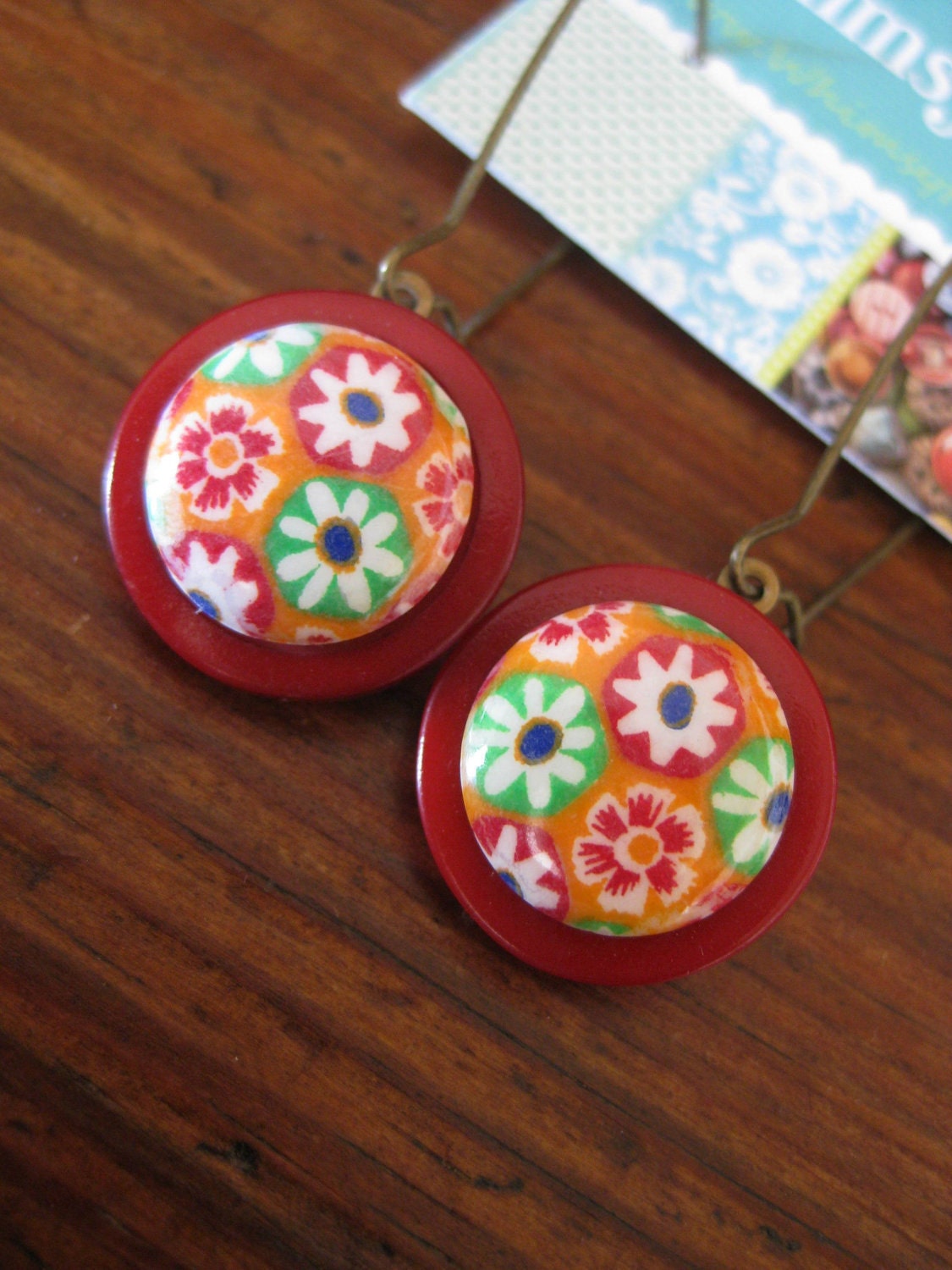 Vintage Button "Mod Garden" Dangle Earrings in Red, Orange, Lime Green and Blue Flowers
