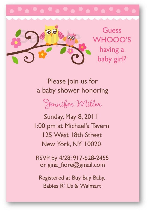 Girl Owl WHOOO Printable Baby Shower Invitation Il_570xn