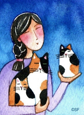 Cat Lady and Calico Family...Original ACEO Watercolor Painting