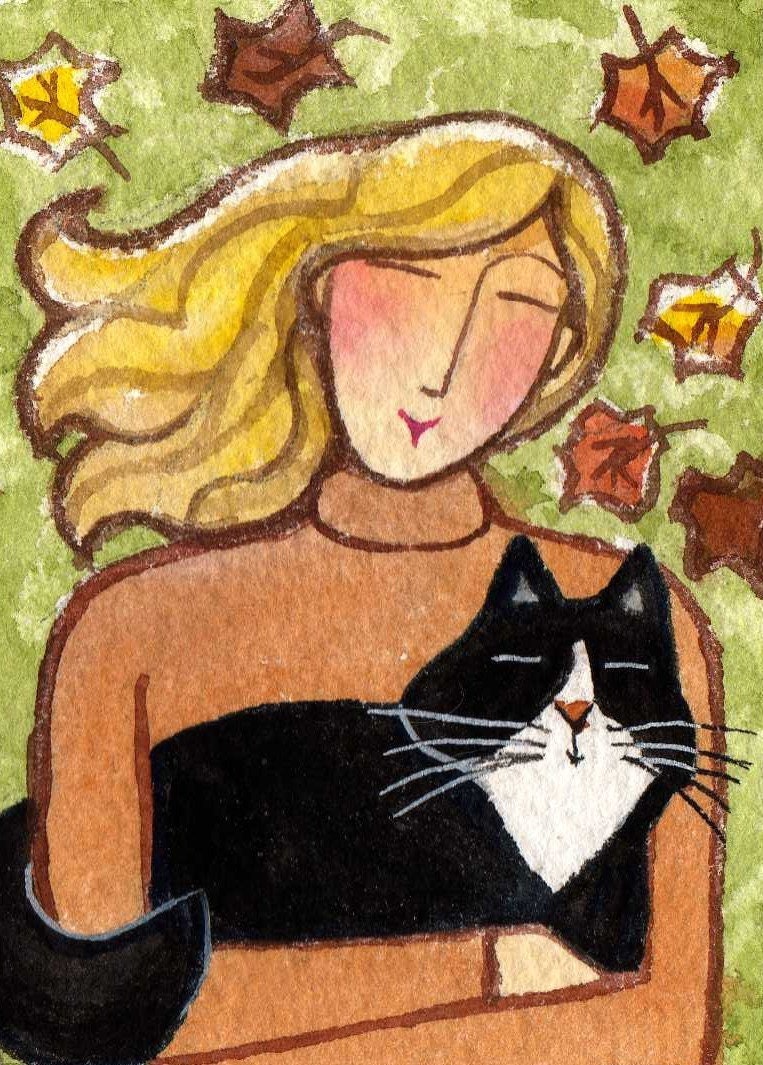 Autumn Leaves and Tuxedo Cat... Original ACEO Miniature Watercolor Painting