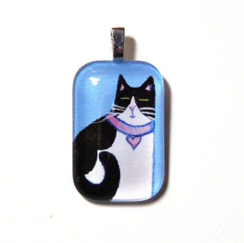 SALE... Cat Jewelry.. Black and White Kitty Glass Pendant... Handcrafted Wearable Art