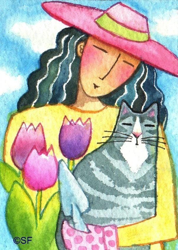 GARDEN CAT No. 13.....Tulips and Tabby...Susan Faye Orig. ACEO Watercolor Painting