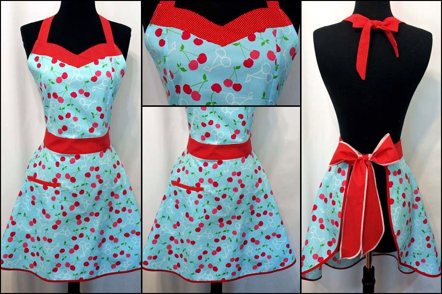 RETRO VINTAGE APRON - Sweetheart Vintage Chic Apron - Aqua Cherries