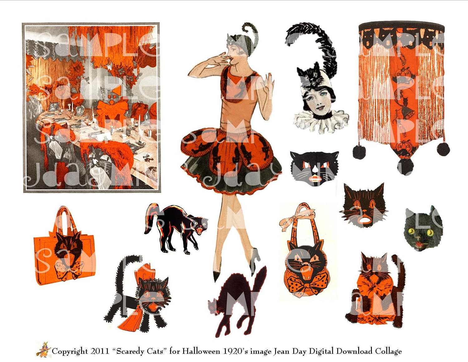 Digital Download Halloween Scaredy Black Cats 1920's Art Deco Digital Collage Printable DH008