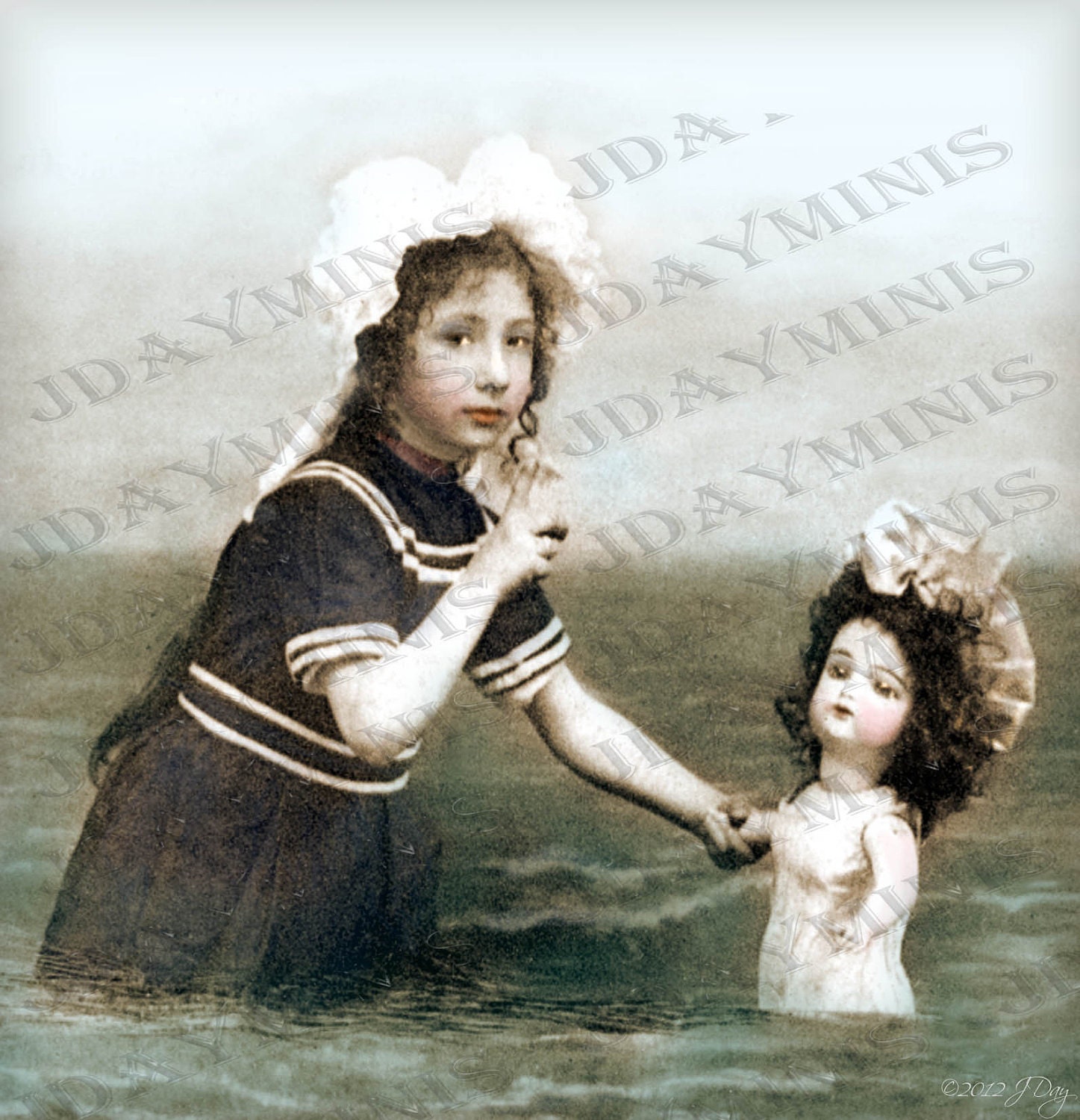 Digital Download, Madelaine's Swimming Lesson for her Bru Doll, Victorian, Nautical, Beach Fashion 1903, gift tag - French Postcard - FrA10