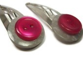 Button Hair Clips - Spring Colors - Cabaret Pink and Gray Barrette - Gift for Little Girl