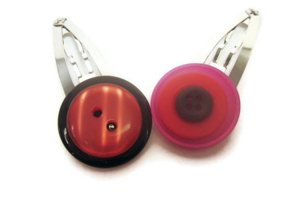 Cute Button Barrettes - Red and Black Hair Accessories - Gift for Tween Girl -Back to School Accessories