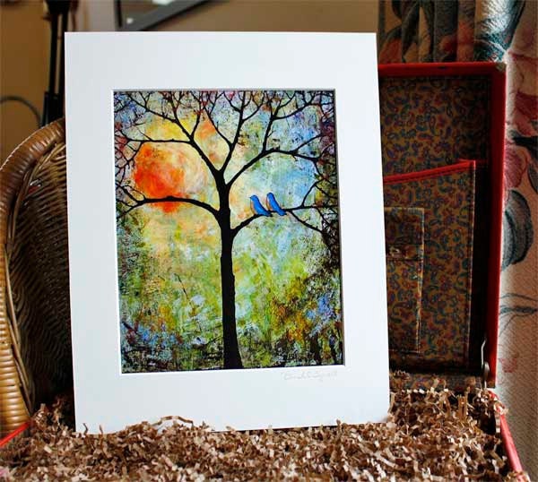 Art Print Wall Decor Tree Love Birds Sunshine with 11X 14 Mat Cheerful Bright