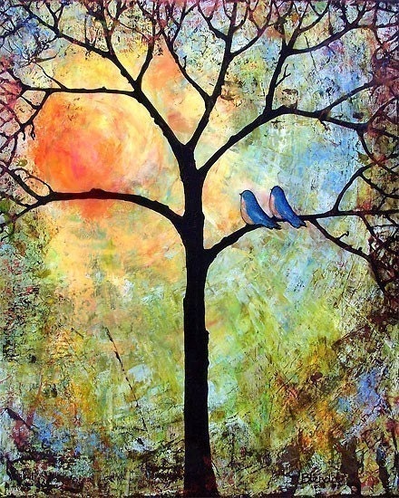 Sunshine 8X10 Art Print Tree, Bluebirds, Love Birds, Bright, Cheerful, Romantic