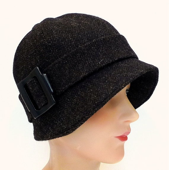 1920s Cloche Hat in Vintage Espresso Herringbone Tweed - Made to Order