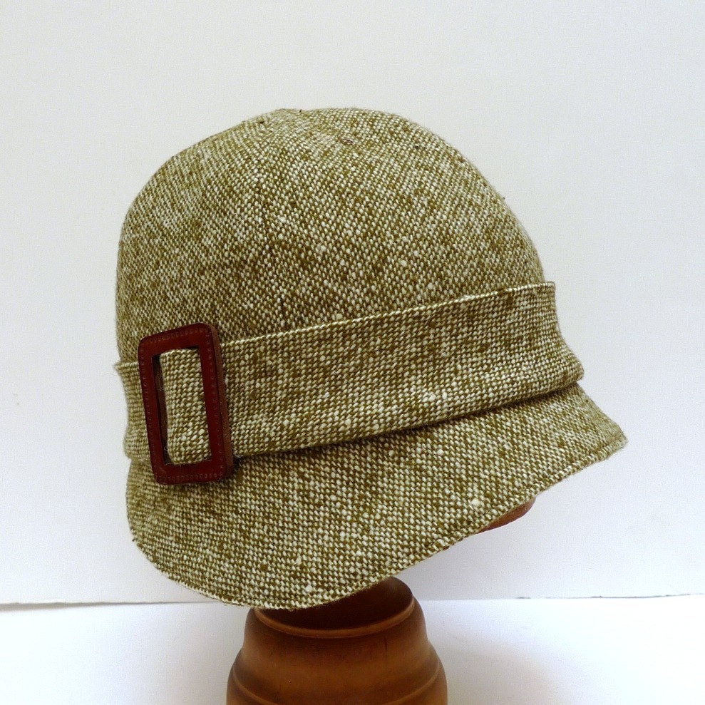 1920s Cloche in Olive Green and White Tweed with Leather Buckle - Made to Order