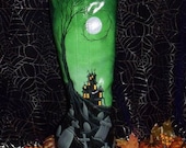 Hand Painted Spooky Halloween Haunted House and Graveyard Scene Witch's Boot