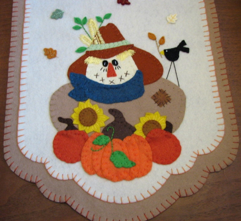 Hand Stitched Primitive Fall Scarecrow. Pumpkins, and Sunflowers Wool-Felt Penny Rug - Table Runner...42"x13"