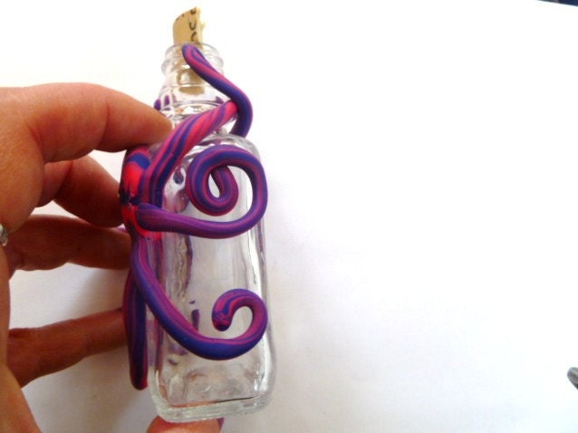 Miniature Upcycled Corked Glass Jar With Hand Sculpted Clay Octopus Wrap in Hot Pink and Royal Blue Swirl